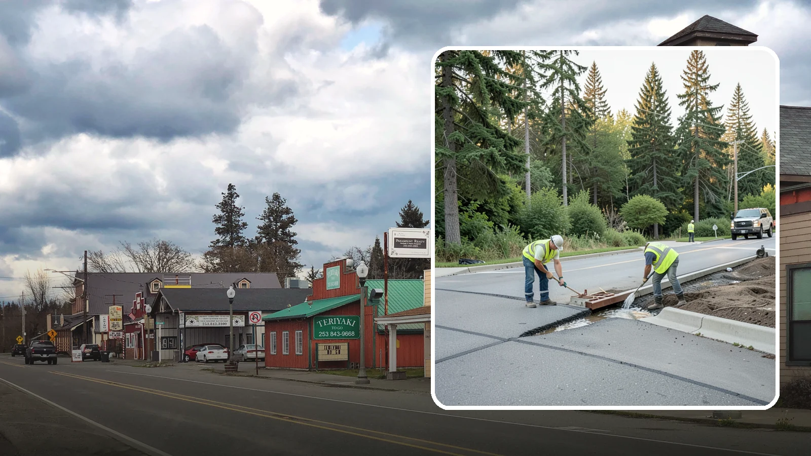 Valley Gutter Construction in Roy, Pierce County, WA - Concrete valley gutters that channel surface runoff across intersections and parking areas.
