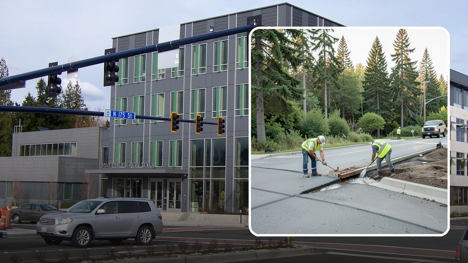 Valley Gutter Construction in Shoreline, King County, WA - Concrete valley gutters that channel surface runoff across intersections and parking areas.