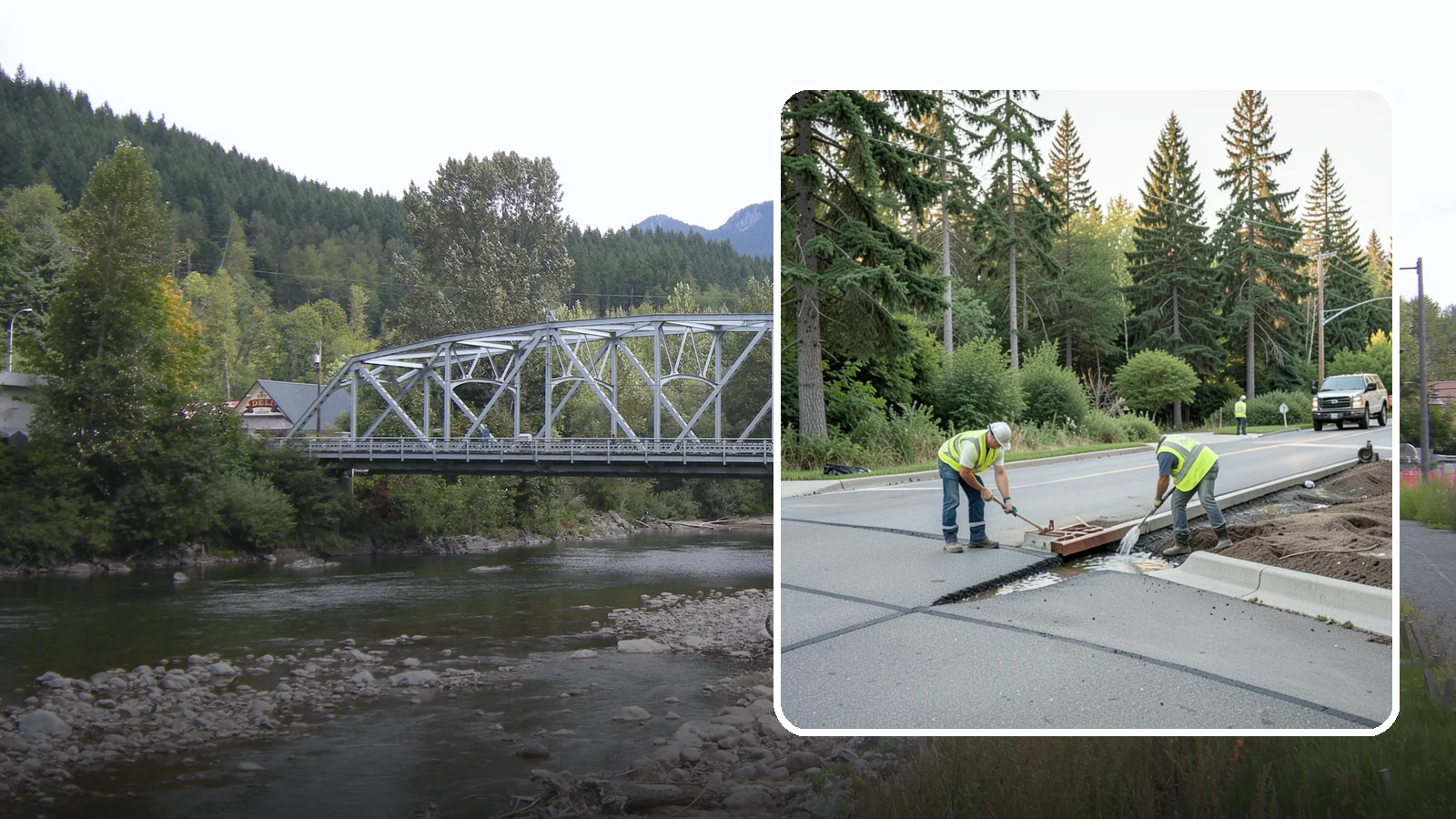 Valley Gutter Construction in Skykomish, King County, WA - Concrete valley gutters that channel surface runoff across intersections and parking areas.