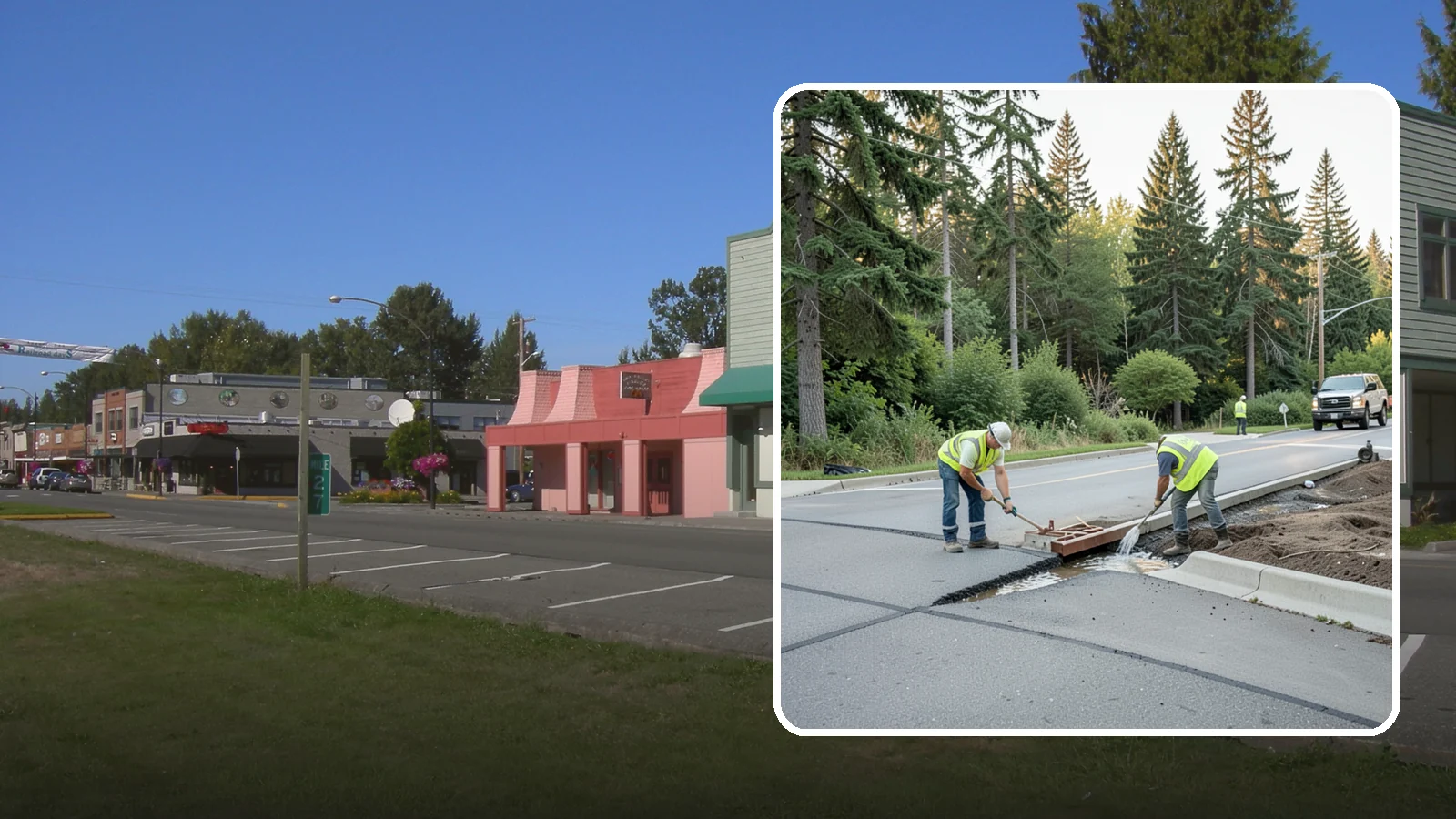 Valley Gutter Construction in Snoqualmie, King County, WA - Concrete valley gutters that channel surface runoff across intersections and parking areas.