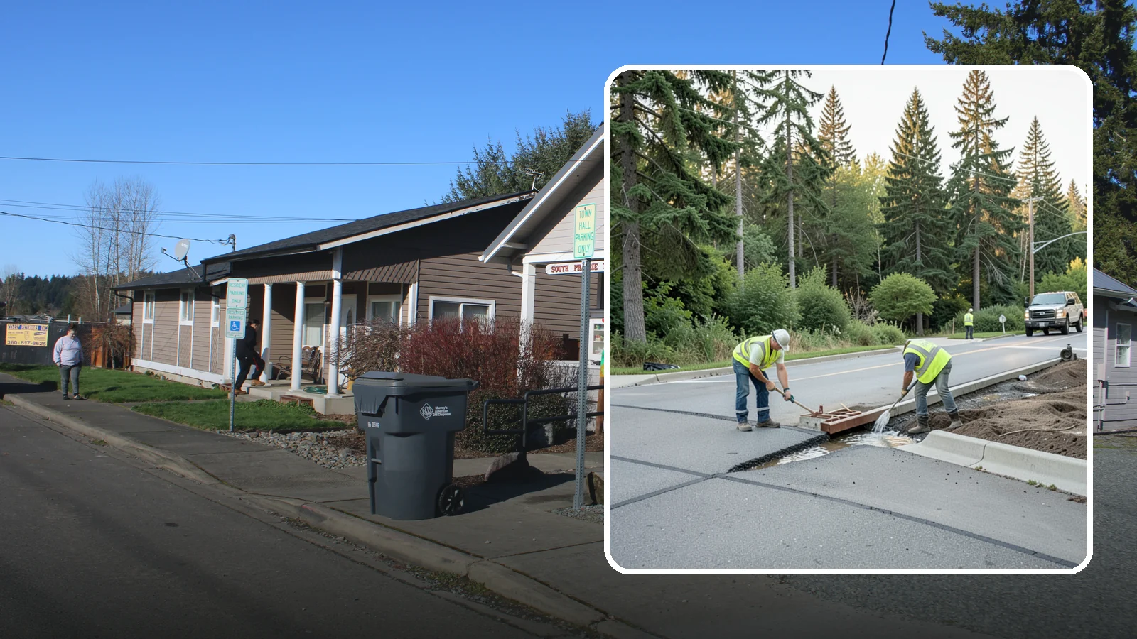 Valley Gutter Construction in South Prairie, Pierce County, WA - Concrete valley gutters that channel surface runoff across intersections and parking areas.
