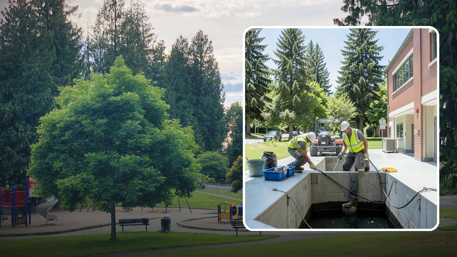 Water Quality Vault Cleaning in Bonney Lake, Pierce County, WA - Confined-space cleaning of underground stormwater treatment vaults and their filter media.