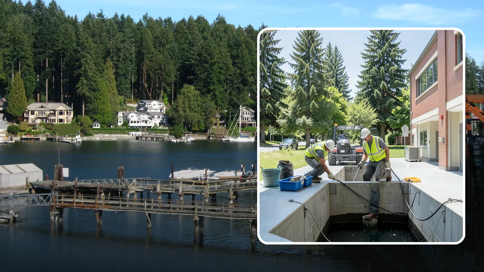Water Quality Vault Cleaning in Gig Harbor, Pierce County, WA - Confined-space cleaning of underground stormwater treatment vaults and their filter media.