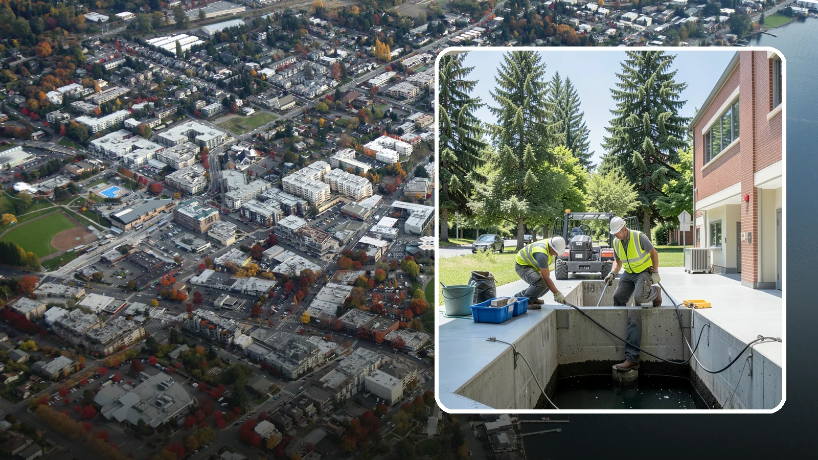 Water Quality Vault Cleaning in Kirkland, King County, WA - Confined-space cleaning of underground stormwater treatment vaults and their filter media.