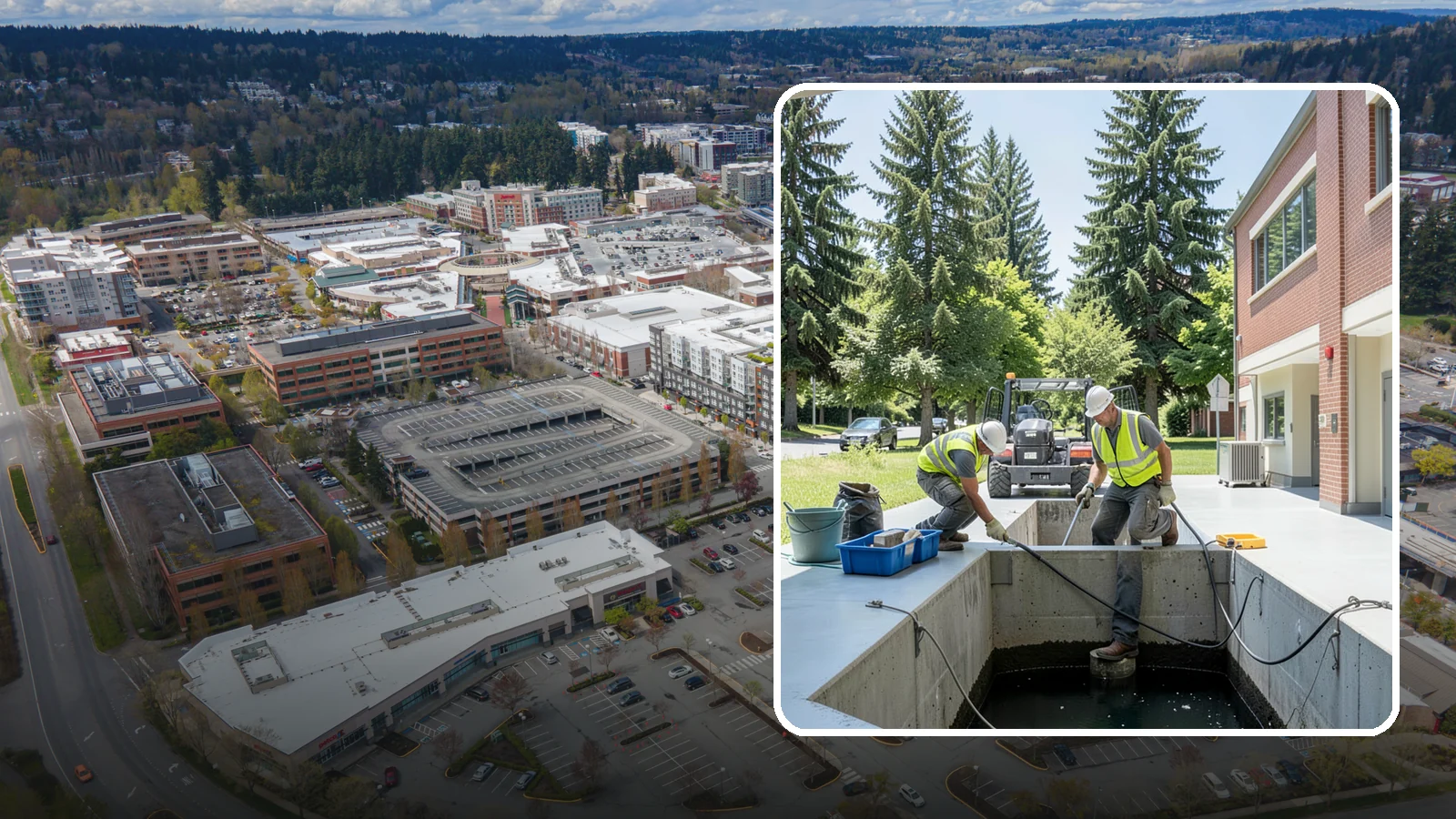 Water Quality Vault Cleaning in Redmond, King County, WA - Confined-space cleaning of underground stormwater treatment vaults and their filter media.