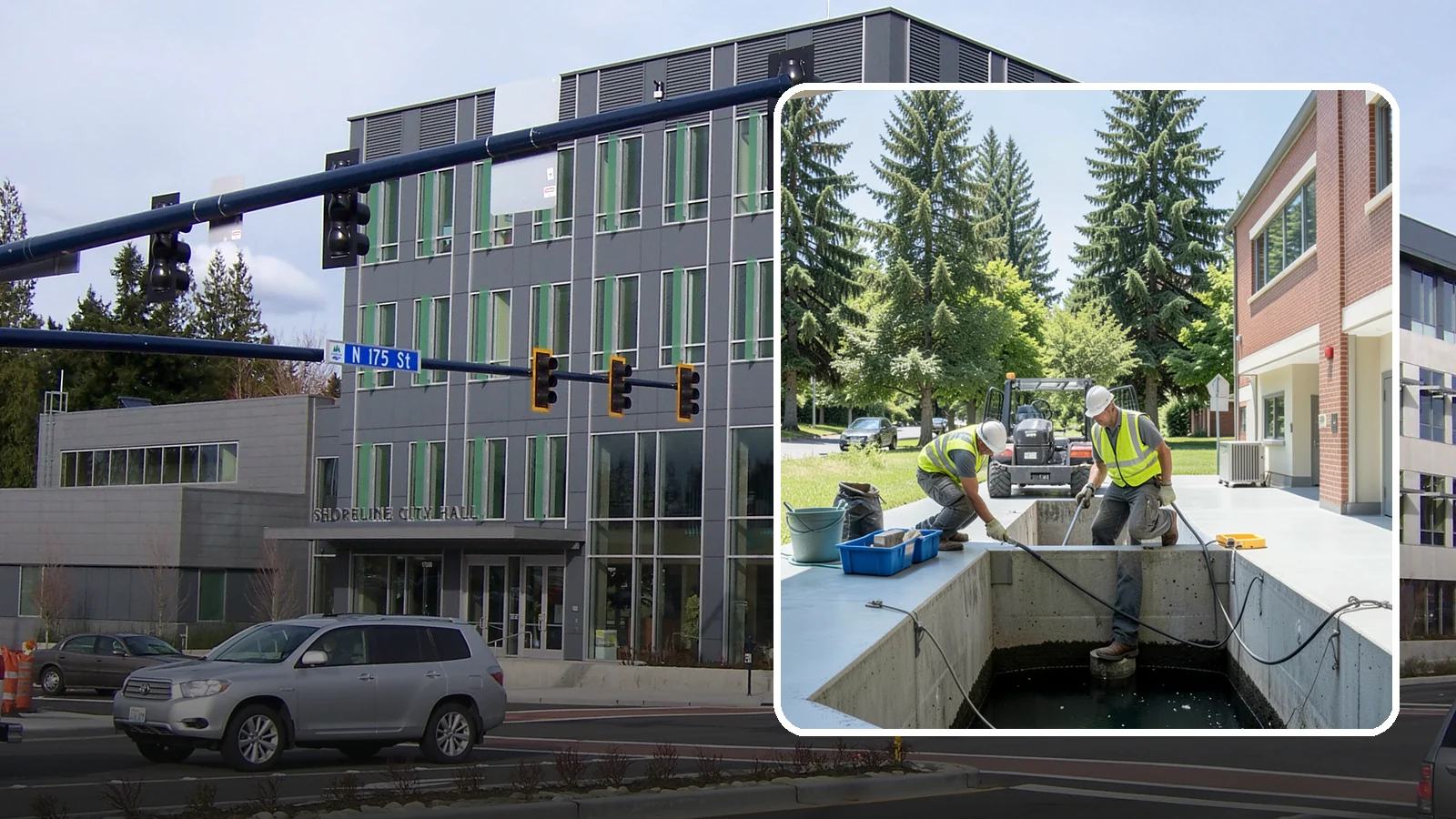 Water Quality Vault Cleaning in Shoreline, King County, WA - Confined-space cleaning of underground stormwater treatment vaults and their filter media.