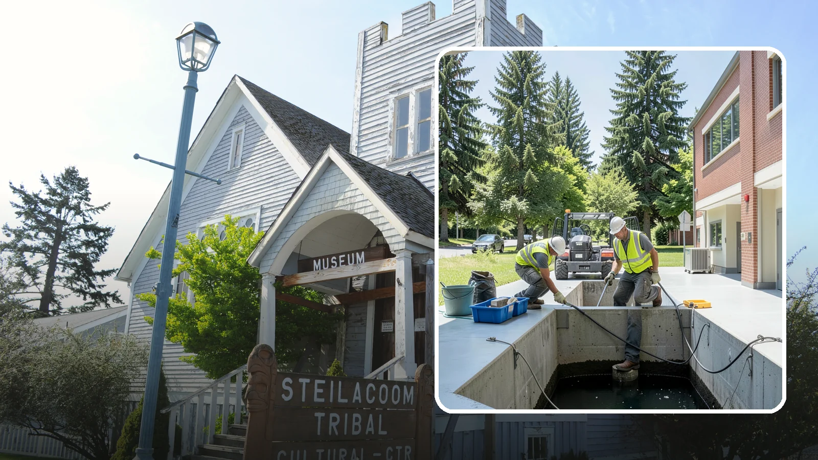 Water Quality Vault Cleaning in Steilacoom, Pierce County, WA - Confined-space cleaning of underground stormwater treatment vaults and their filter media.