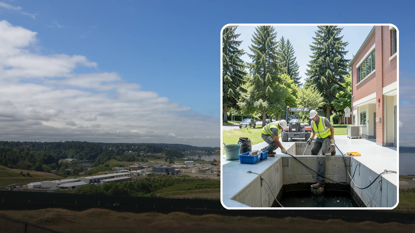 Water Quality Vault Cleaning in University Place, Pierce County, WA - Confined-space cleaning of underground stormwater treatment vaults and their filter media.
