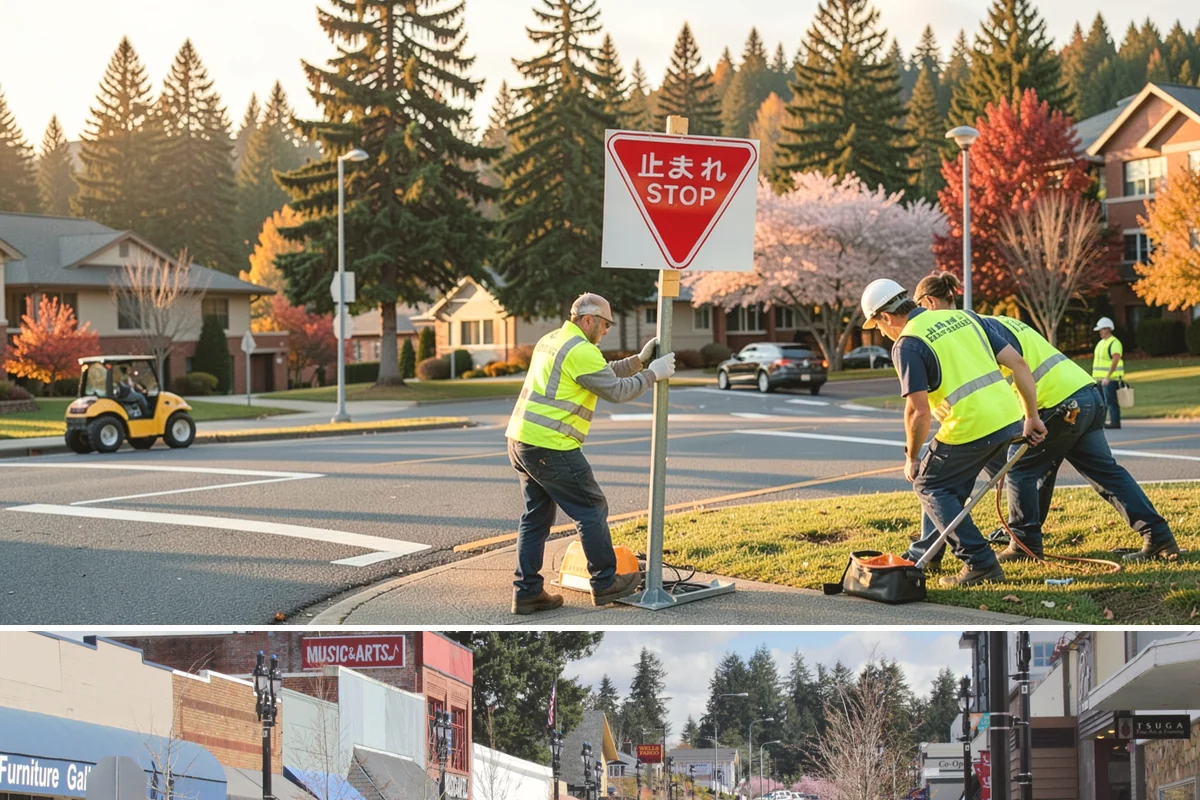 Wayfinding Signs in Bothell, King County, WA - Urban wayfinding installs run year-round, with downtown work often scheduled outside peak retail and event seasons to limit...