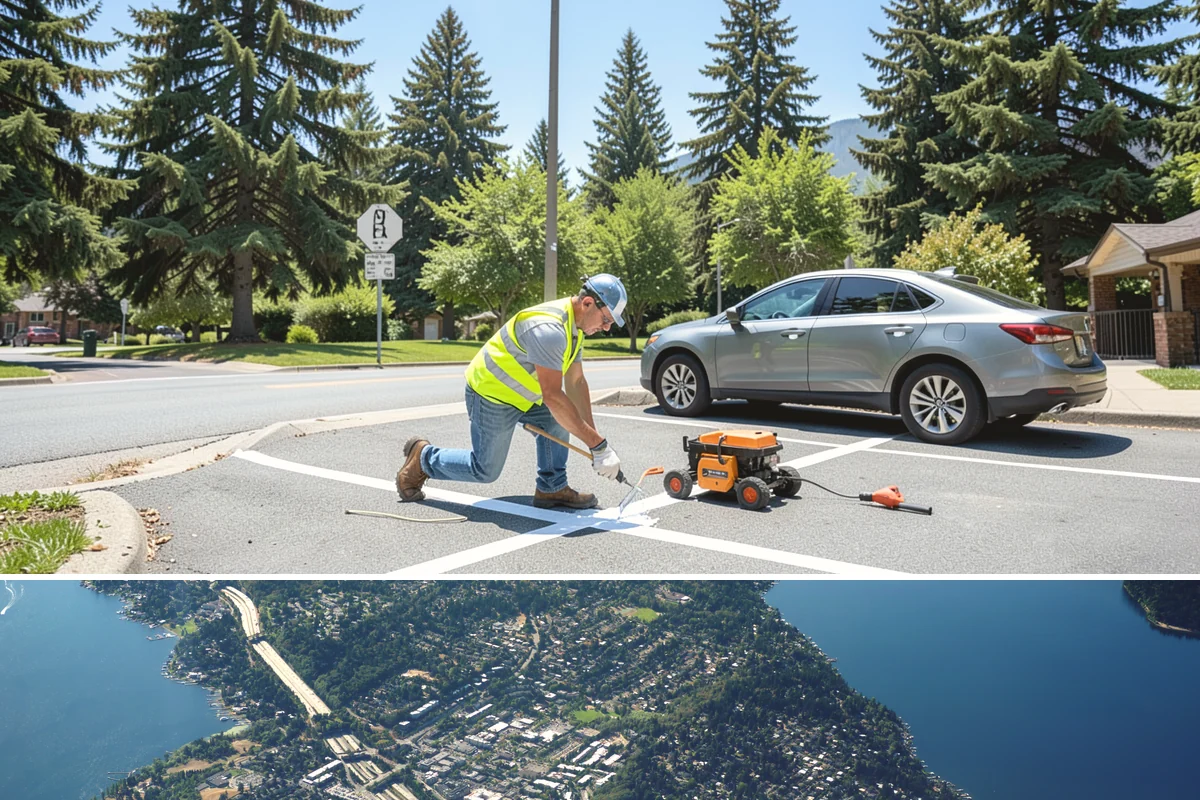 Wayfinding Signs in Mercer Island, King County, WA - Urban wayfinding installs run year-round, with downtown work often scheduled outside peak retail and event seasons to limit...