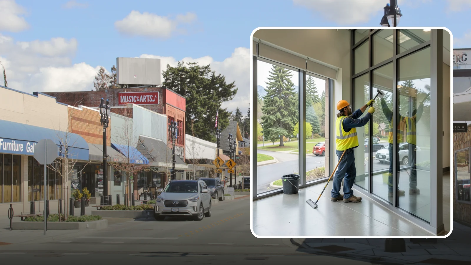 Window Cleaning in Bothell, King County, WA - Exterior window cleaning that maintains clear, presentable glass at public facilities.