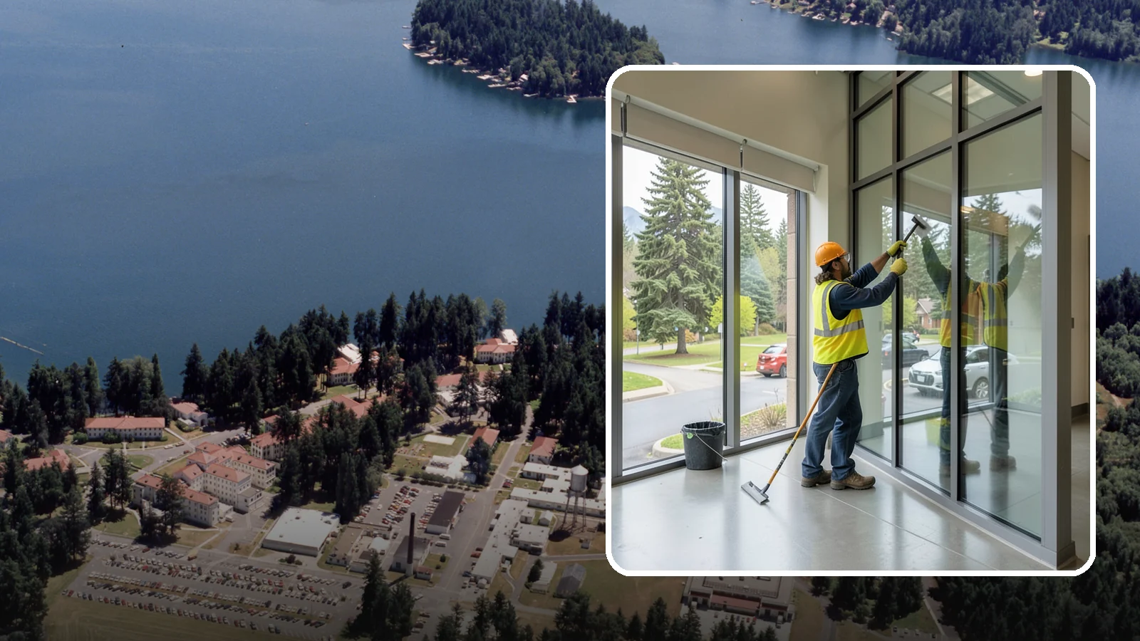 Window Cleaning in Lakewood, Pierce County, WA - Exterior window cleaning that maintains clear, presentable glass at public facilities.