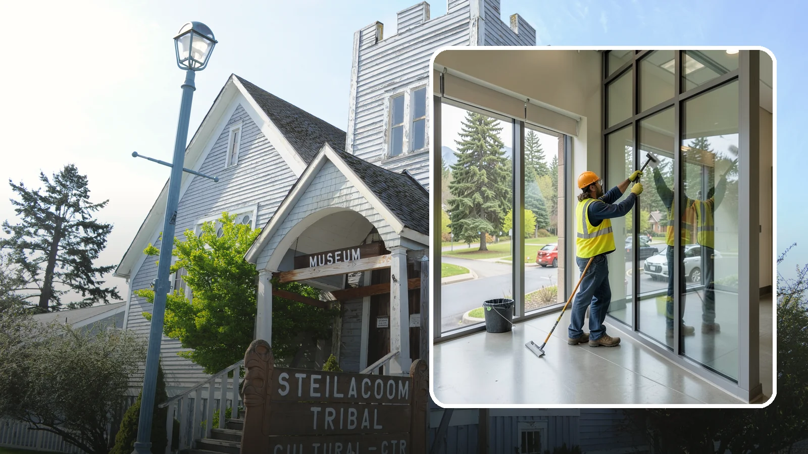 Window Cleaning in Steilacoom, Pierce County, WA - Exterior window cleaning that maintains clear, presentable glass at public facilities.