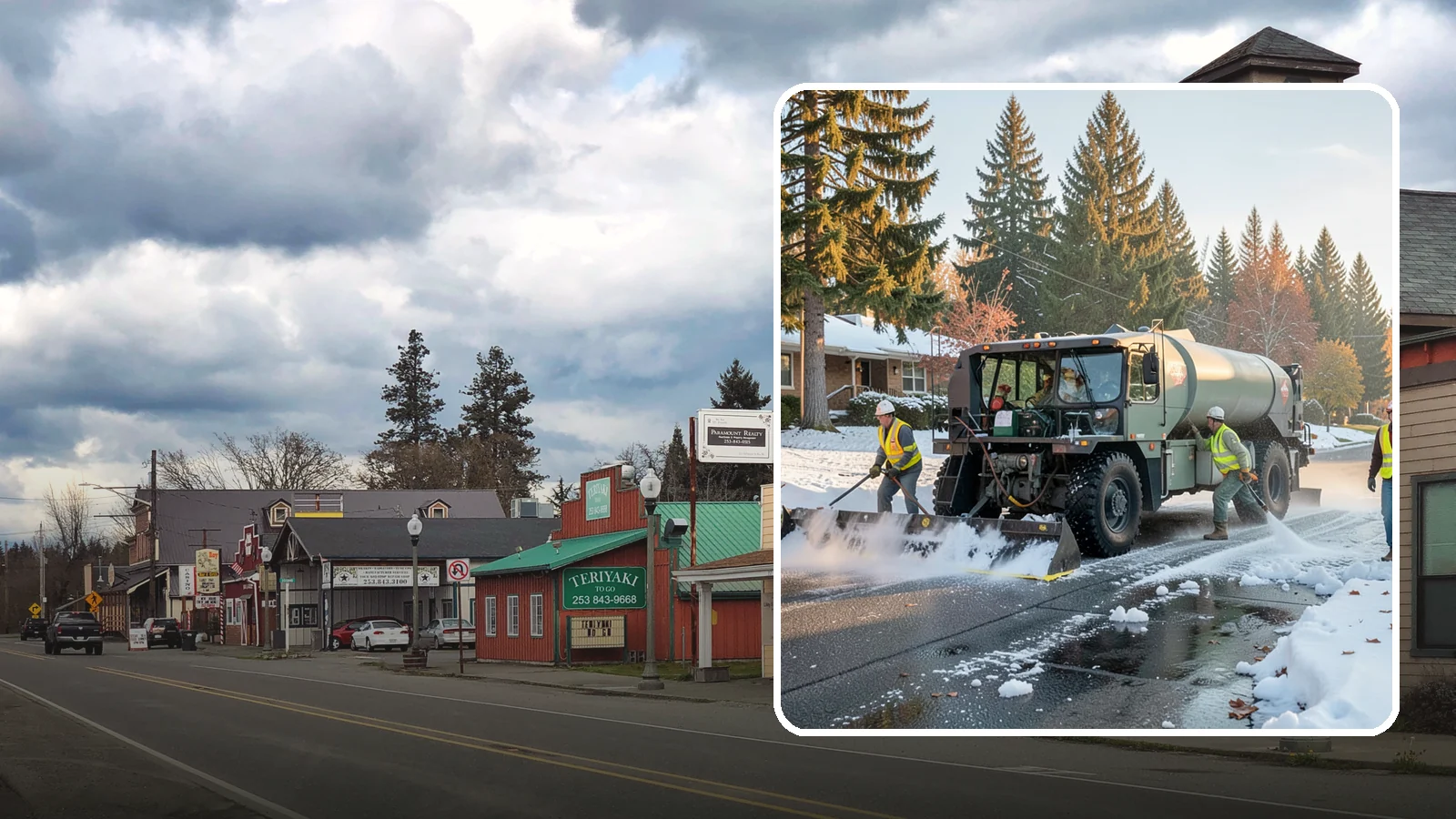 Winter Storm Response in Roy, Pierce County, WA - Coordinated, full-scope winter storm response combining plowing, deicing, sanding, and cleanup under one plan.