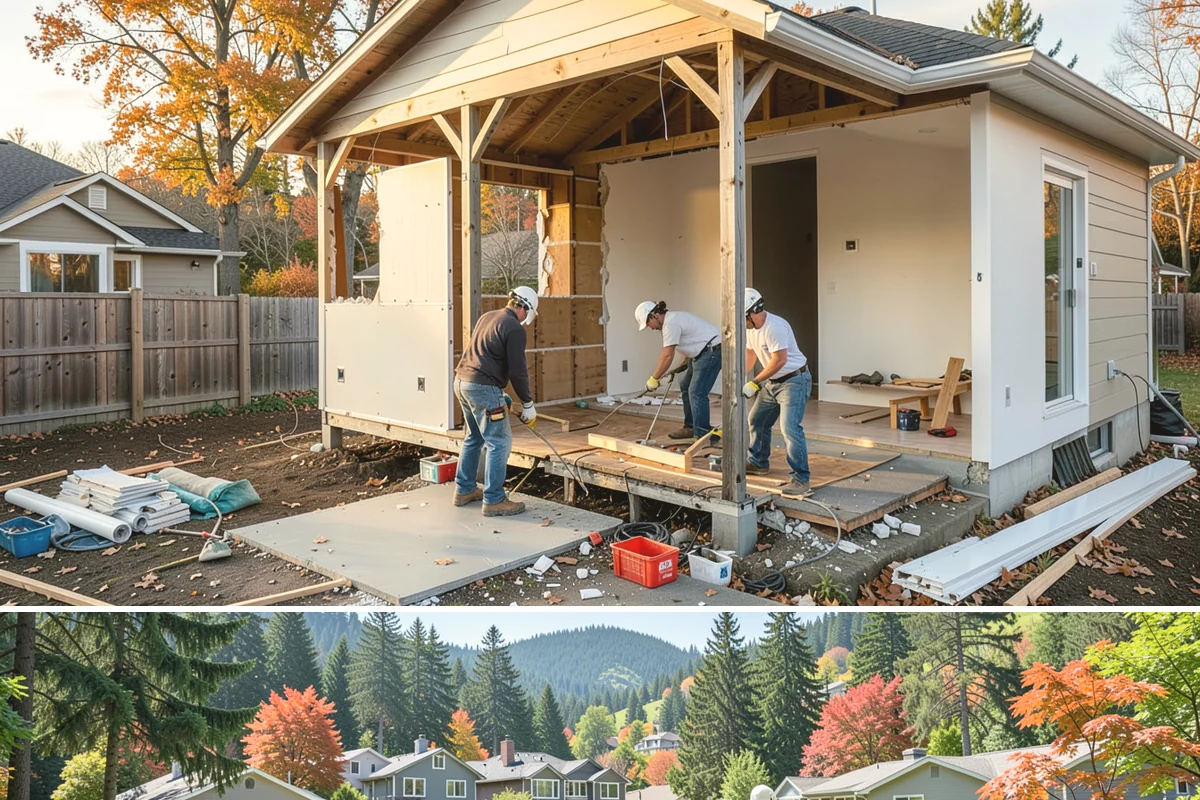 Attached ADU Construction in Fircrest, Pierce County, WA - Attached ADU work involves some exterior tie-in, so scheduling the connection during drier weather keeps the existing home...