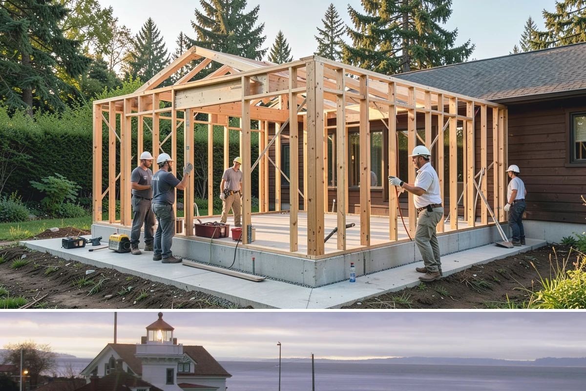 Attached ADU Construction in Mukilteo, Snohomish County, WA - Attached ADU work involves some exterior tie-in, so scheduling the connection during drier weather keeps the existing home...