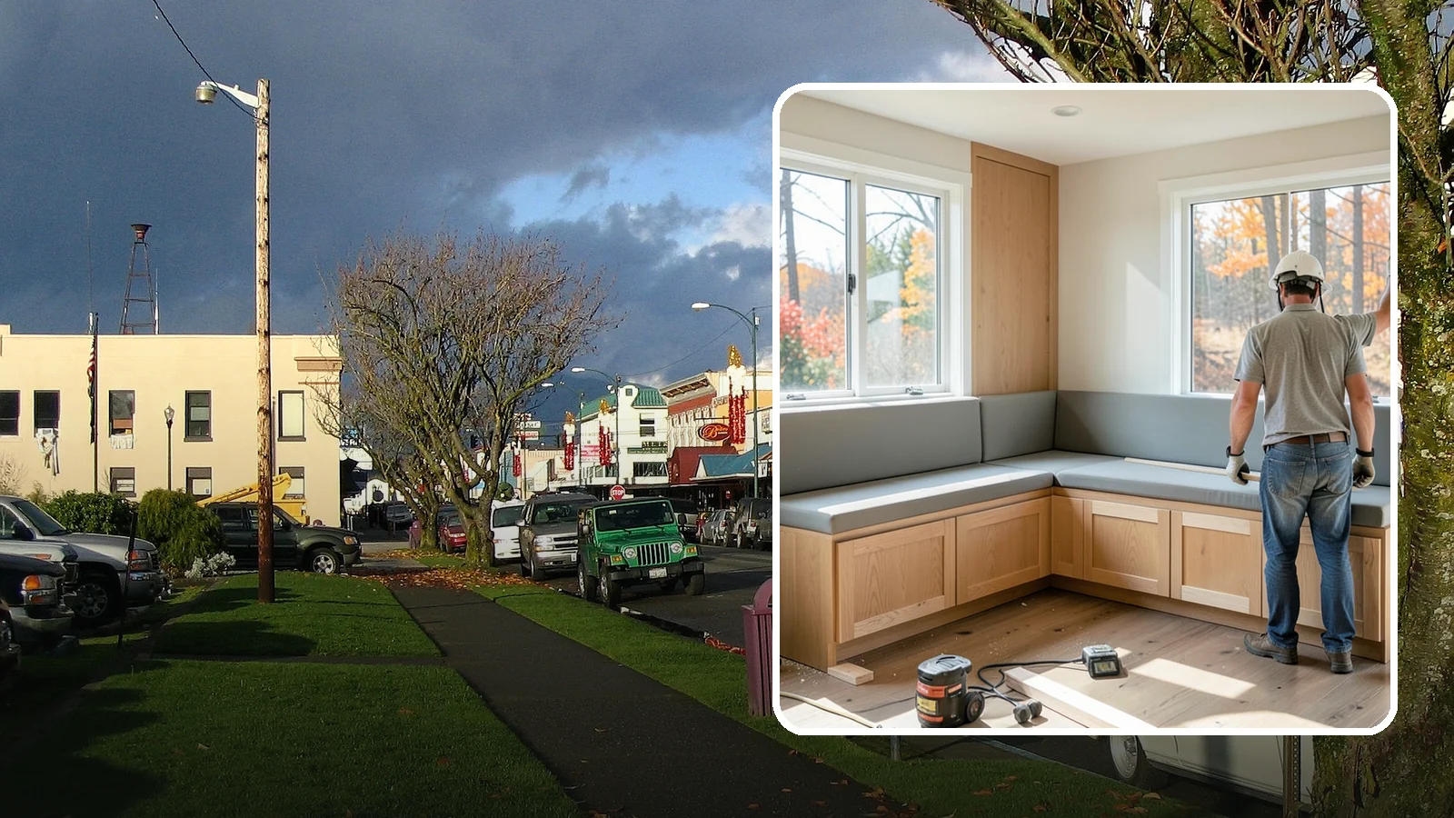 Banquette Construction in Arlington, Snohomish County, WA - A built-in banquette that turns a corner or nook into comfortable, space-saving dining seating.