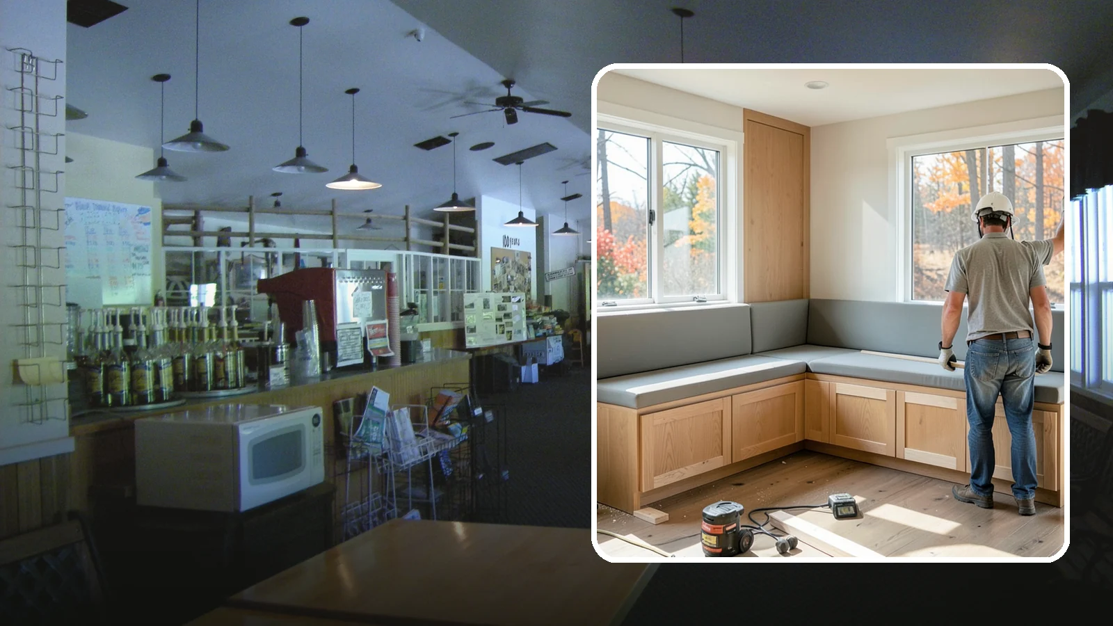 Banquette Construction in Black Diamond, King County, WA - A built-in banquette that turns a corner or nook into comfortable, space-saving dining seating.
