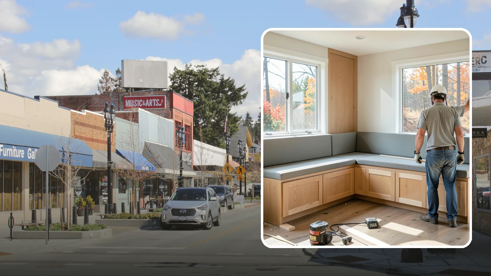 Banquette Construction in Bothell, King County, WA - A built-in banquette that turns a corner or nook into comfortable, space-saving dining seating.