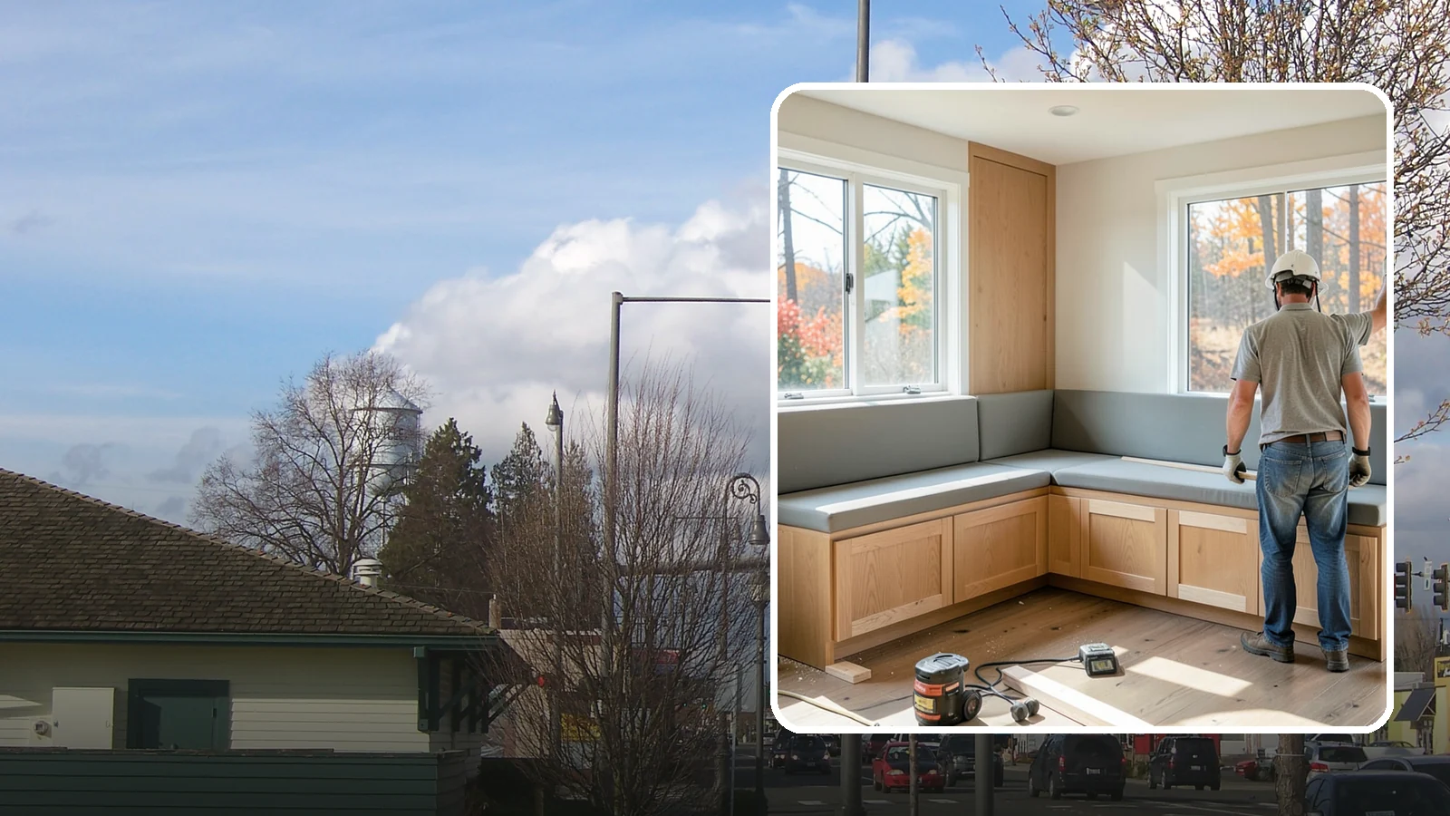 Banquette Construction in Marysville, Snohomish County, WA - A built-in banquette that turns a corner or nook into comfortable, space-saving dining seating.