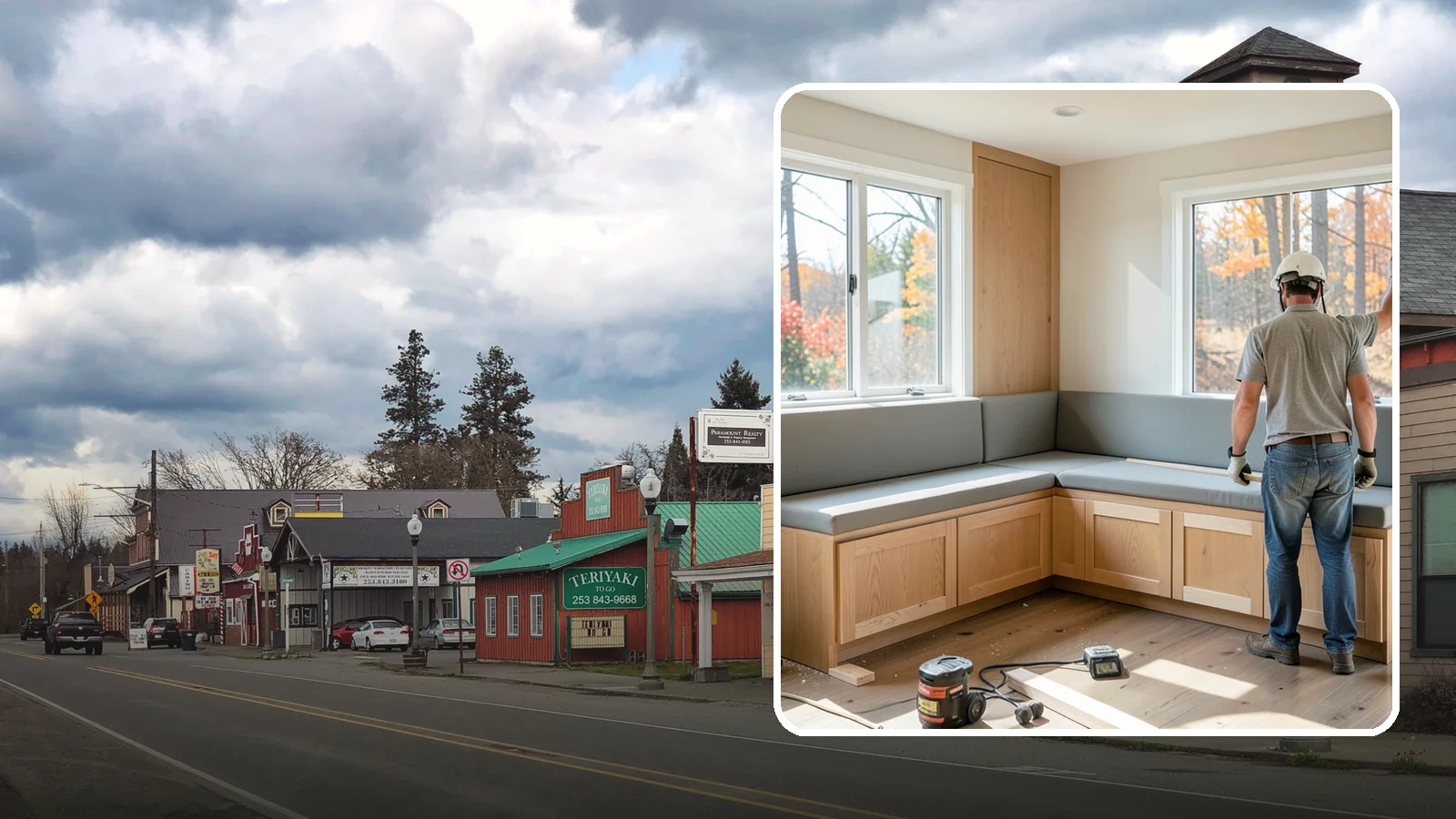 Banquette Construction in Roy, Pierce County, WA - A built-in banquette that turns a corner or nook into comfortable, space-saving dining seating.