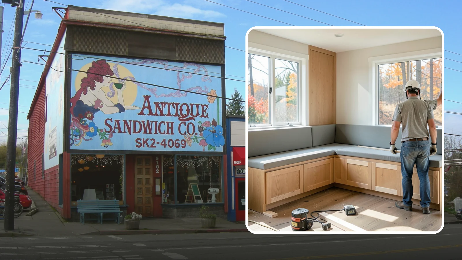 Banquette Construction in Ruston, Pierce County, WA - A built-in banquette that turns a corner or nook into comfortable, space-saving dining seating.