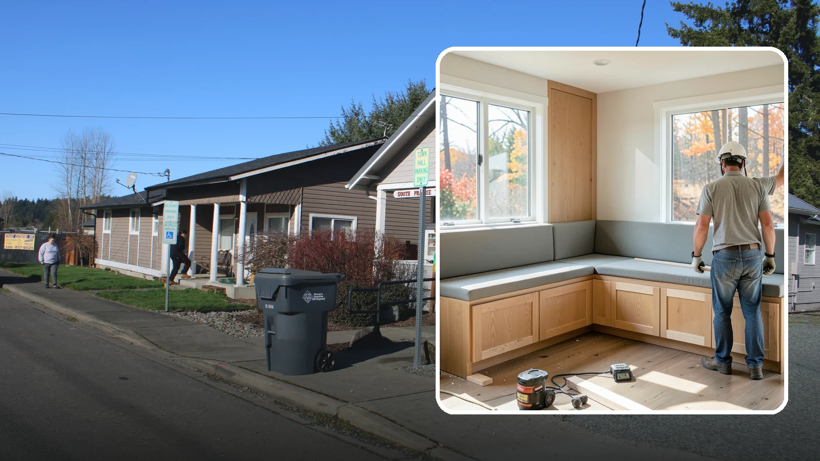 Banquette Construction in South Prairie, Pierce County, WA - A built-in banquette that turns a corner or nook into comfortable, space-saving dining seating.