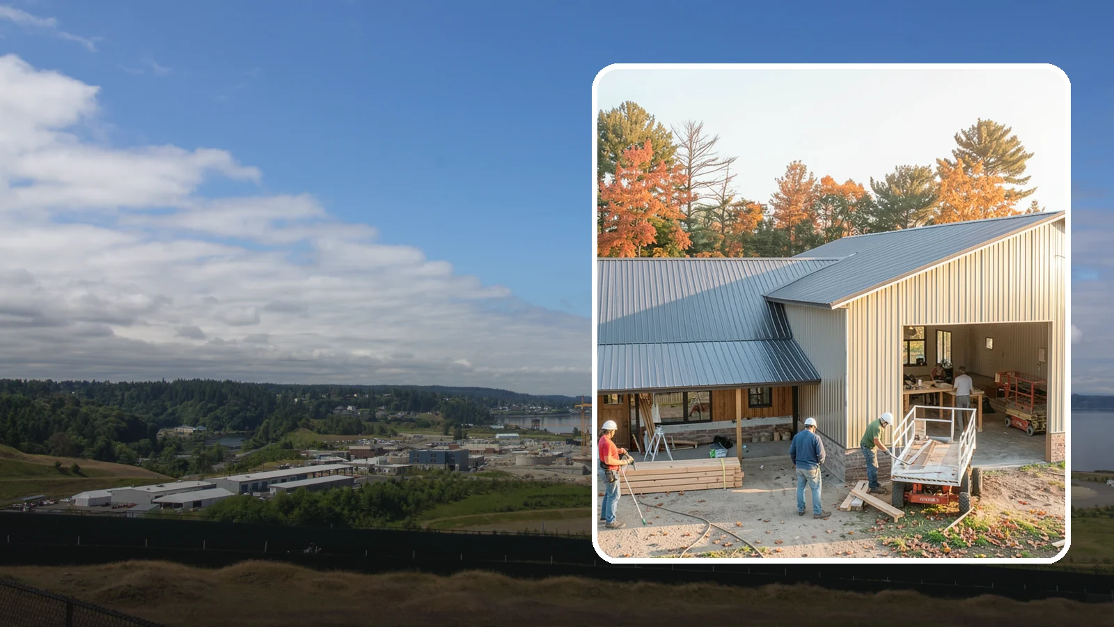 Barndominium Construction in University Place, Pierce County, WA - A barn-style metal or post-frame shell finished as a comfortable, modern living space.
