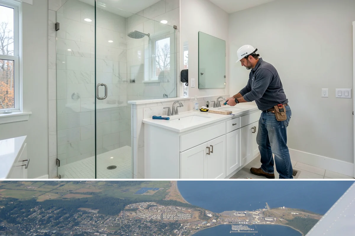 Basement Bathroom in Oak Harbor, Island County, WA - This interior plumbing work proceeds comfortably in any season, including the wet winter months.