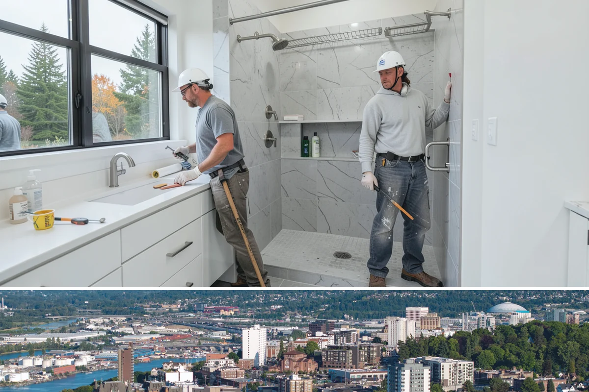 Basement Bathroom in Tacoma, Pierce County, WA - This interior plumbing work proceeds comfortably in any season, including the wet winter months.