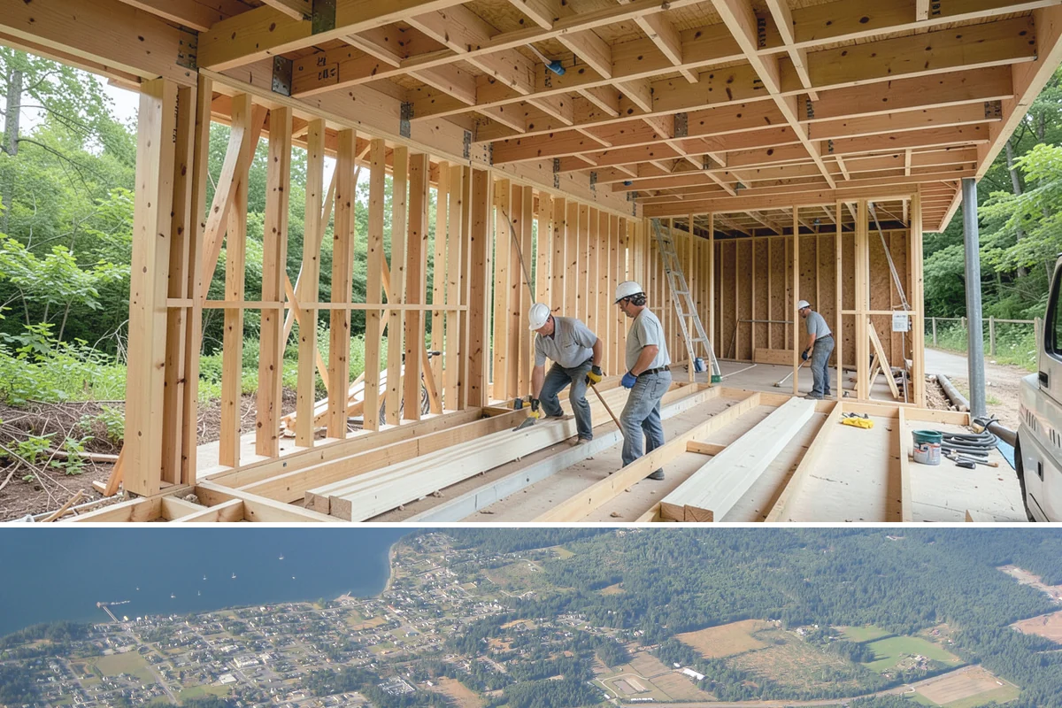 Basement Framing in Coupeville, Island County, WA - Framing happens indoors and is well suited to the wet season when outdoor work slows.