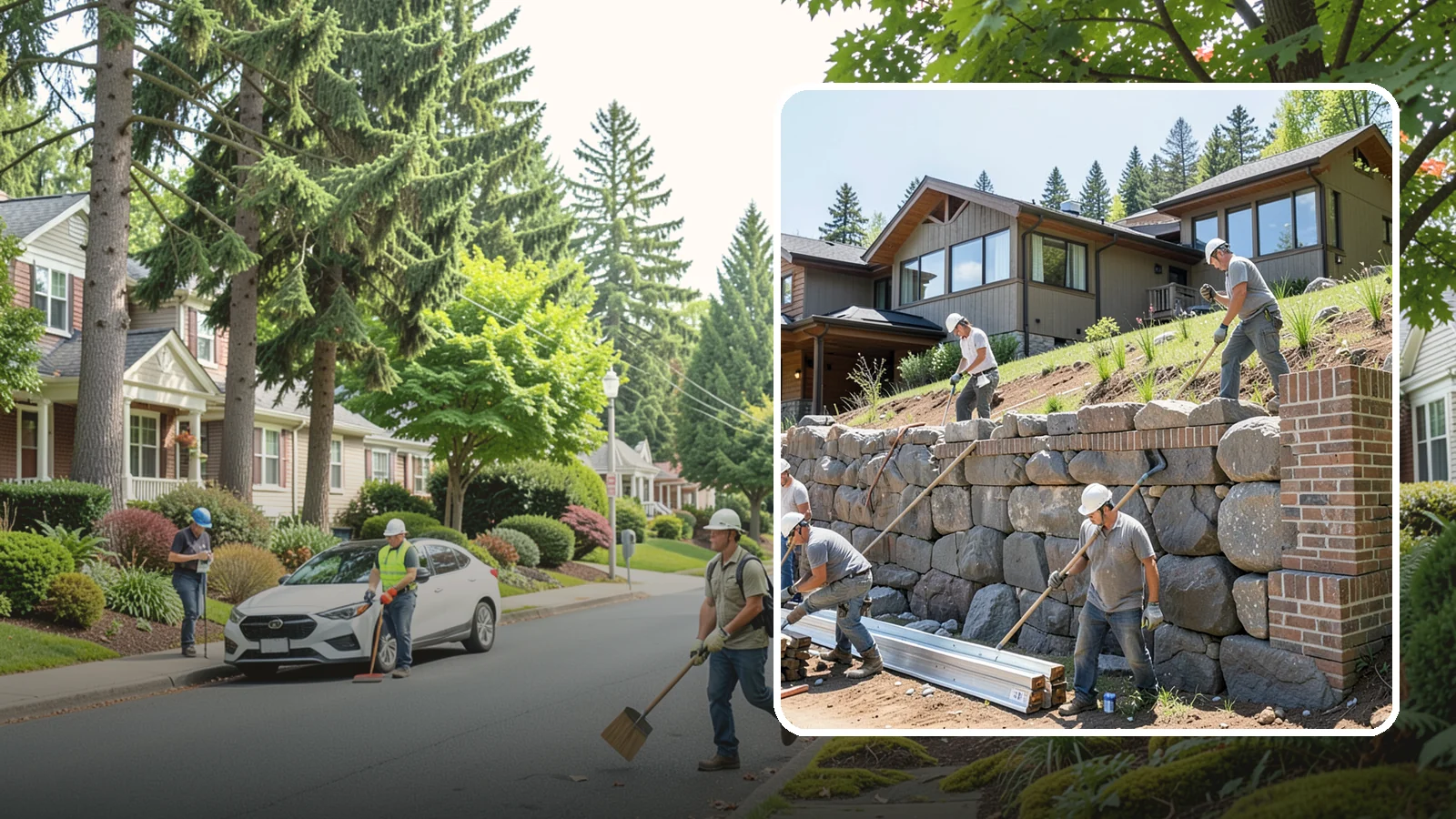 Boulder Retaining Wall in Beaux Arts Village, King County, WA - Placing large natural boulders to hold back slope with a rugged, organic look suited to Northwest landscapes.