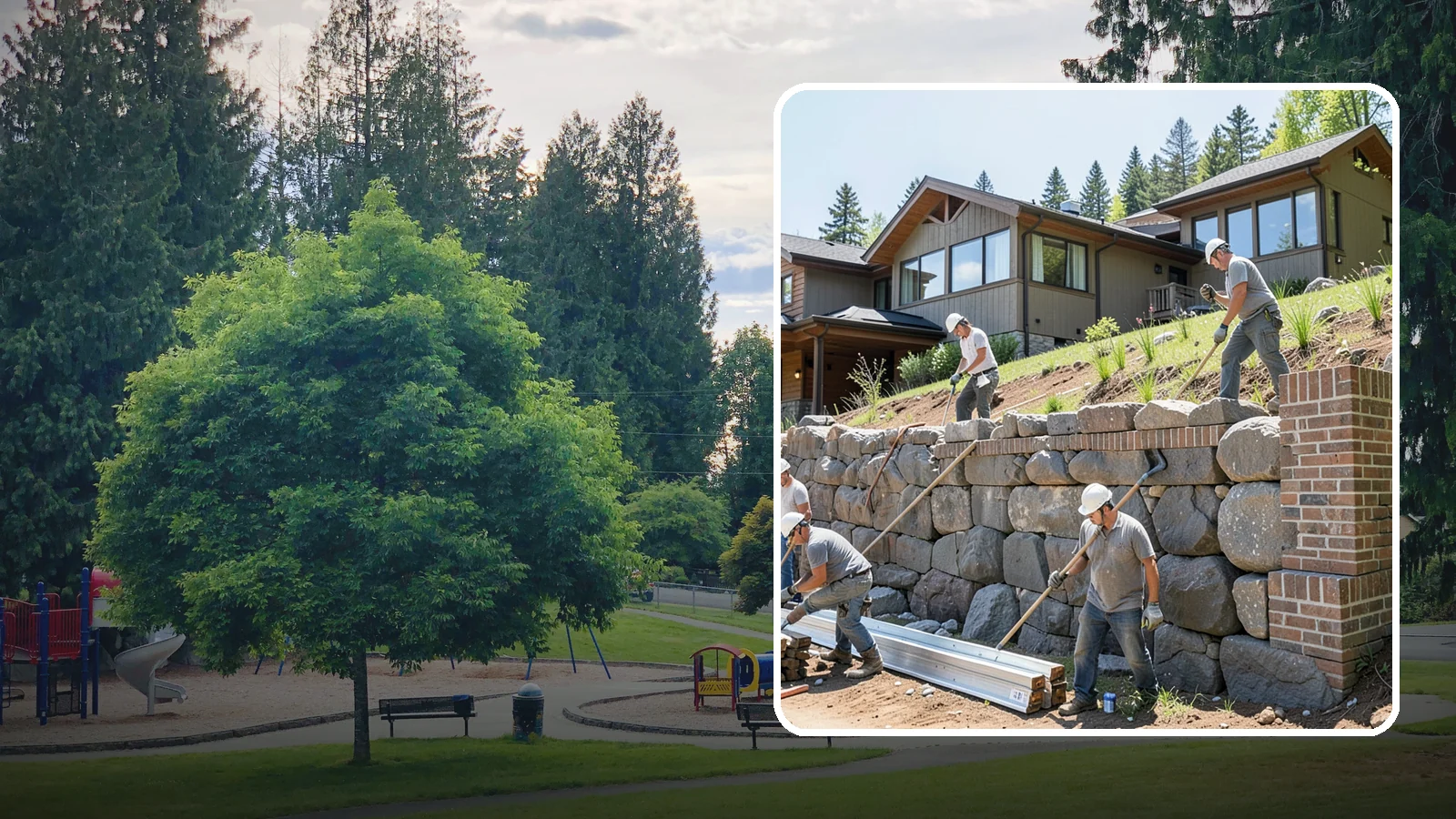 Boulder Retaining Wall in Bonney Lake, Pierce County, WA - Placing large natural boulders to hold back slope with a rugged, organic look suited to Northwest landscapes.