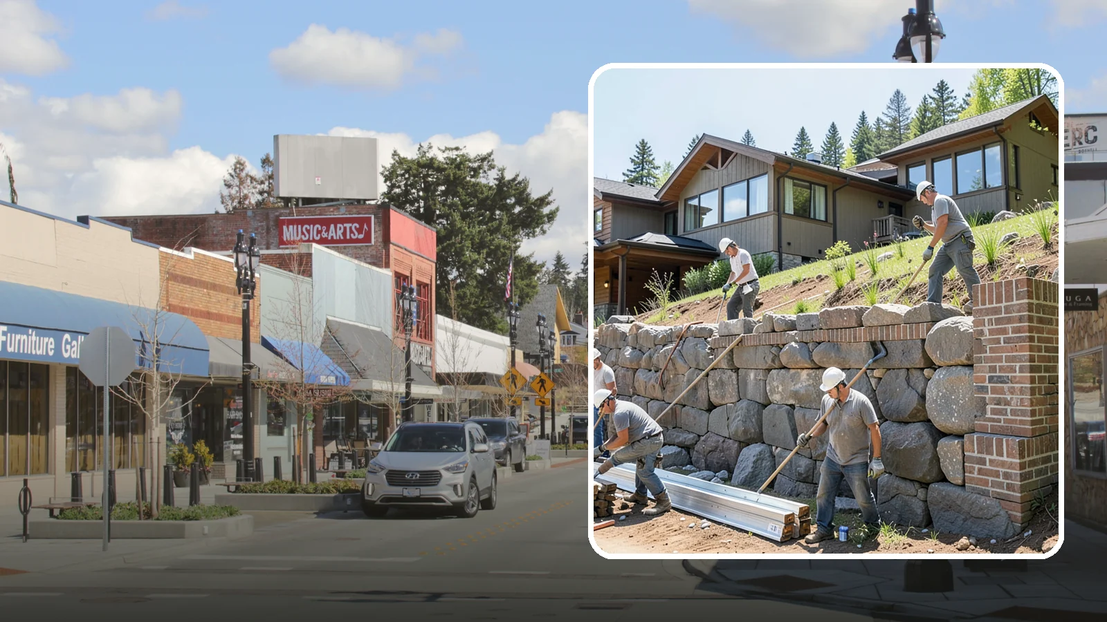 Boulder Retaining Wall in Bothell, King County, WA - Placing large natural boulders to hold back slope with a rugged, organic look suited to Northwest landscapes.