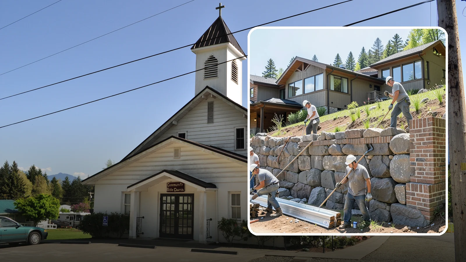 Boulder Retaining Wall in Concrete, Skagit County, WA - Placing large natural boulders to hold back slope with a rugged, organic look suited to Northwest landscapes.