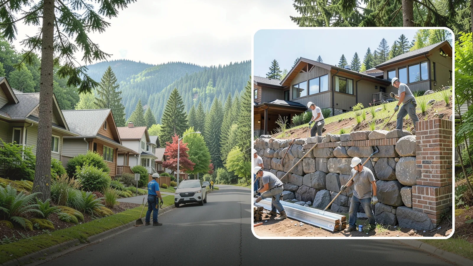 Boulder Retaining Wall in Darrington, Snohomish County, WA - Placing large natural boulders to hold back slope with a rugged, organic look suited to Northwest landscapes.