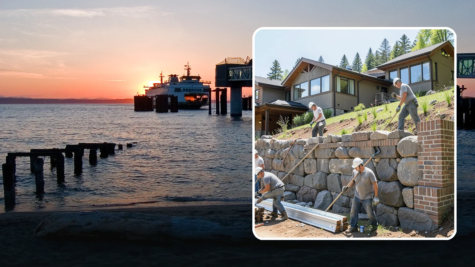 Boulder Retaining Wall in Edmonds, Snohomish County, WA - Placing large natural boulders to hold back slope with a rugged, organic look suited to Northwest landscapes.