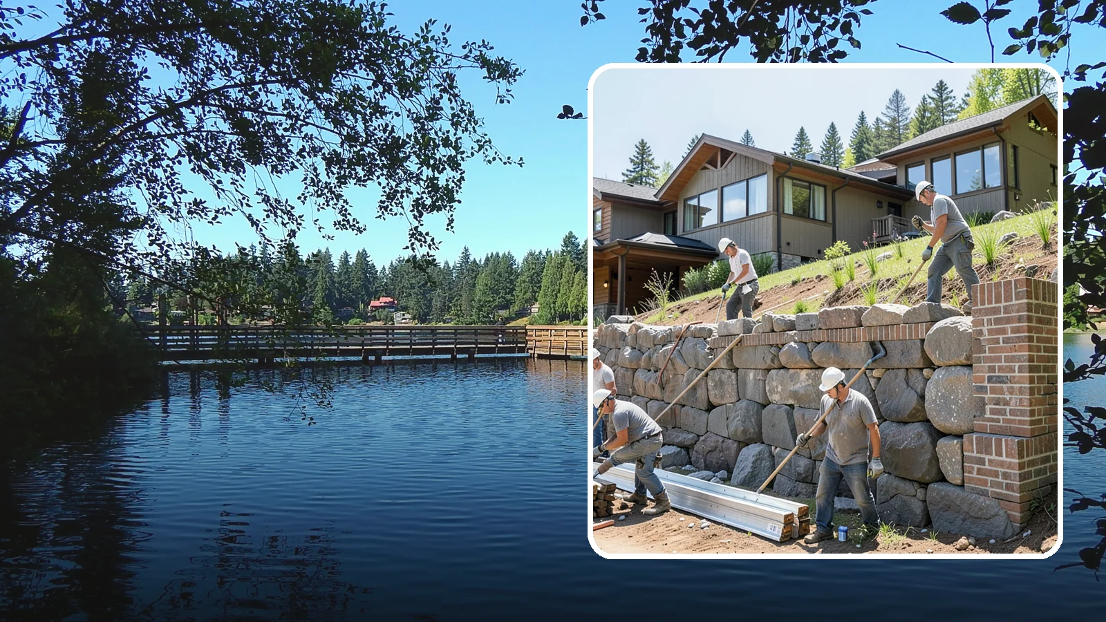 Boulder Retaining Wall in Federal Way, King County, WA - Placing large natural boulders to hold back slope with a rugged, organic look suited to Northwest landscapes.