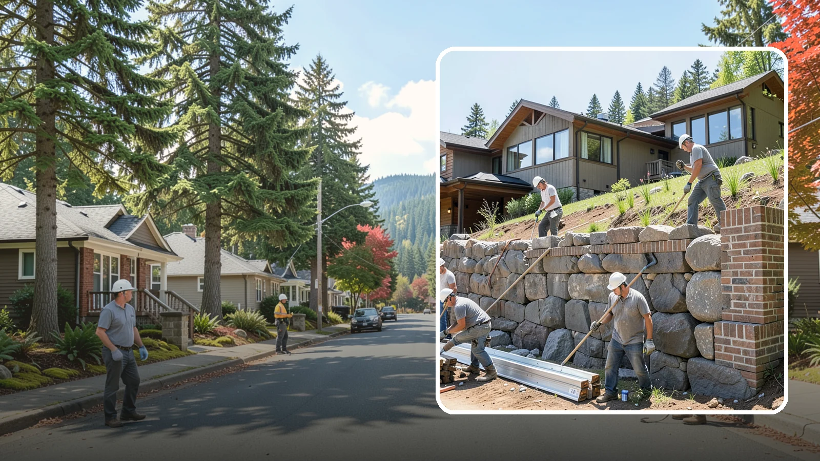 Boulder Retaining Wall in Hunts Point, King County, WA - Placing large natural boulders to hold back slope with a rugged, organic look suited to Northwest landscapes.
