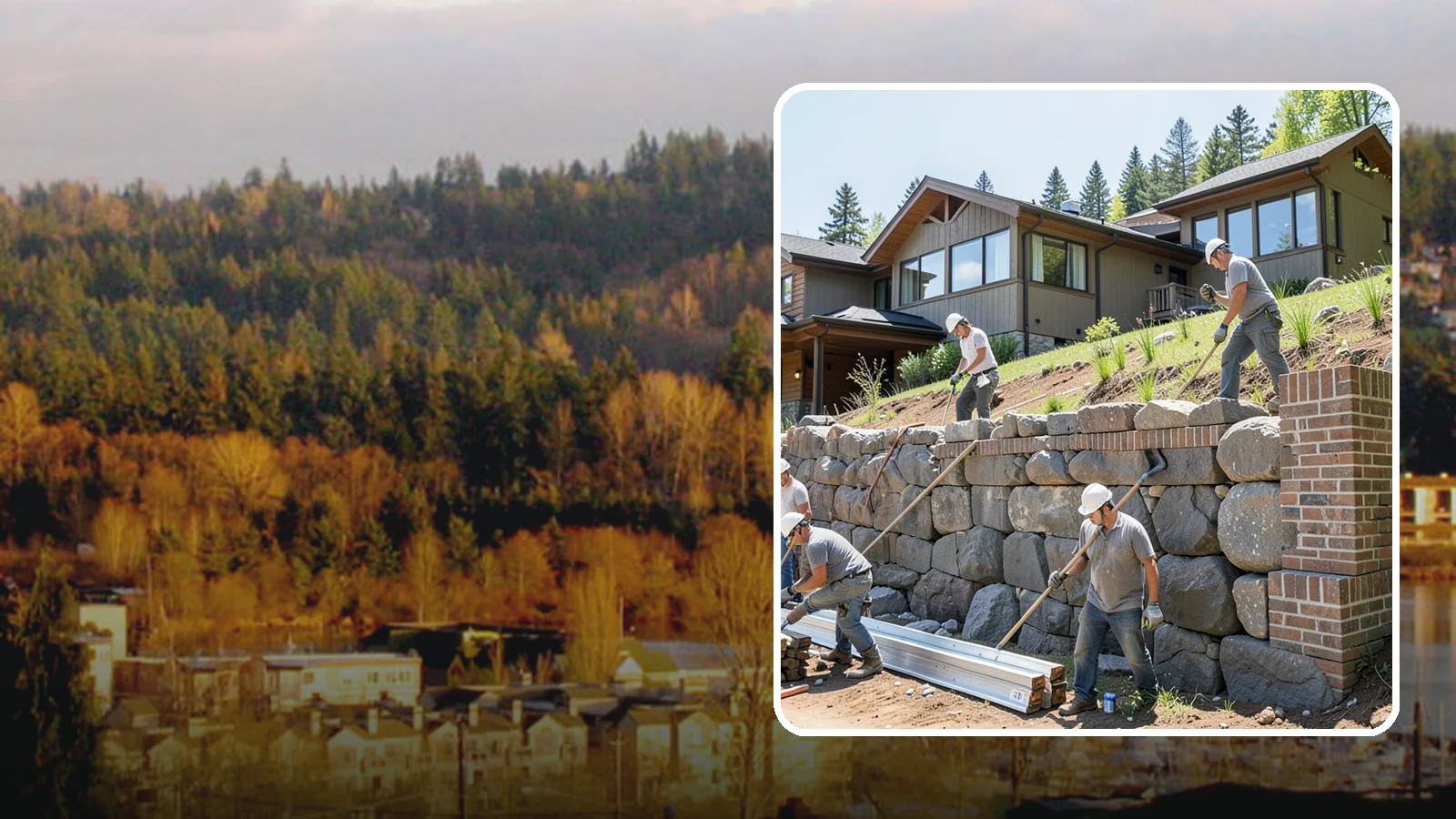 Boulder Retaining Wall in Kenmore, King County, WA - Placing large natural boulders to hold back slope with a rugged, organic look suited to Northwest landscapes.