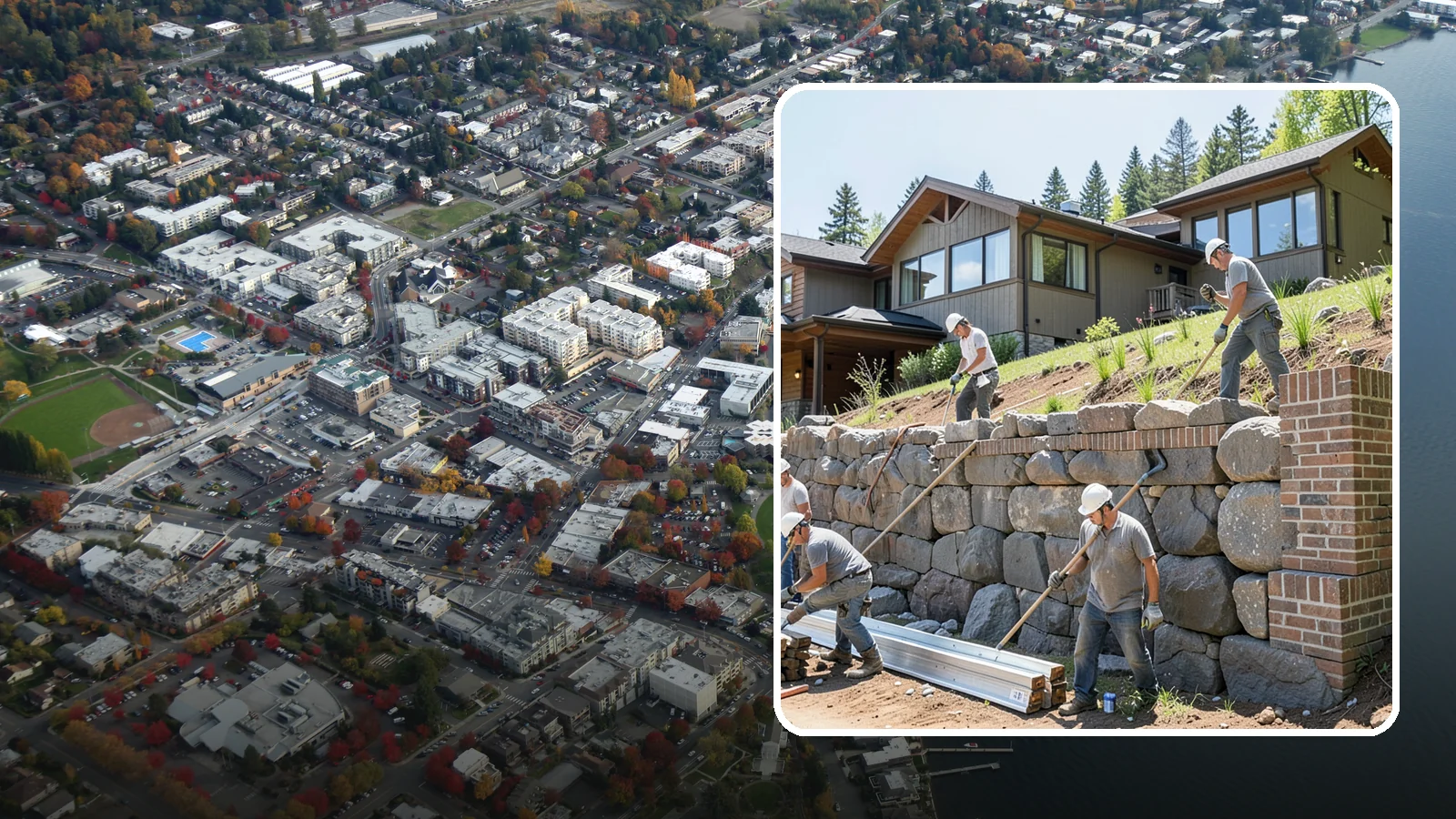 Boulder Retaining Wall in Kirkland, King County, WA - Placing large natural boulders to hold back slope with a rugged, organic look suited to Northwest landscapes.