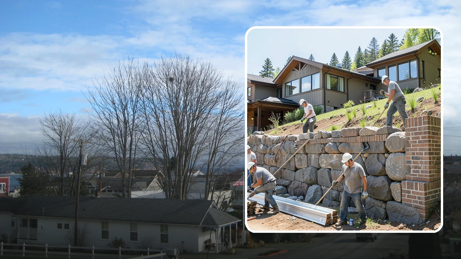 Boulder Retaining Wall in Langley, Island County, WA - Placing large natural boulders to hold back slope with a rugged, organic look suited to Northwest landscapes.