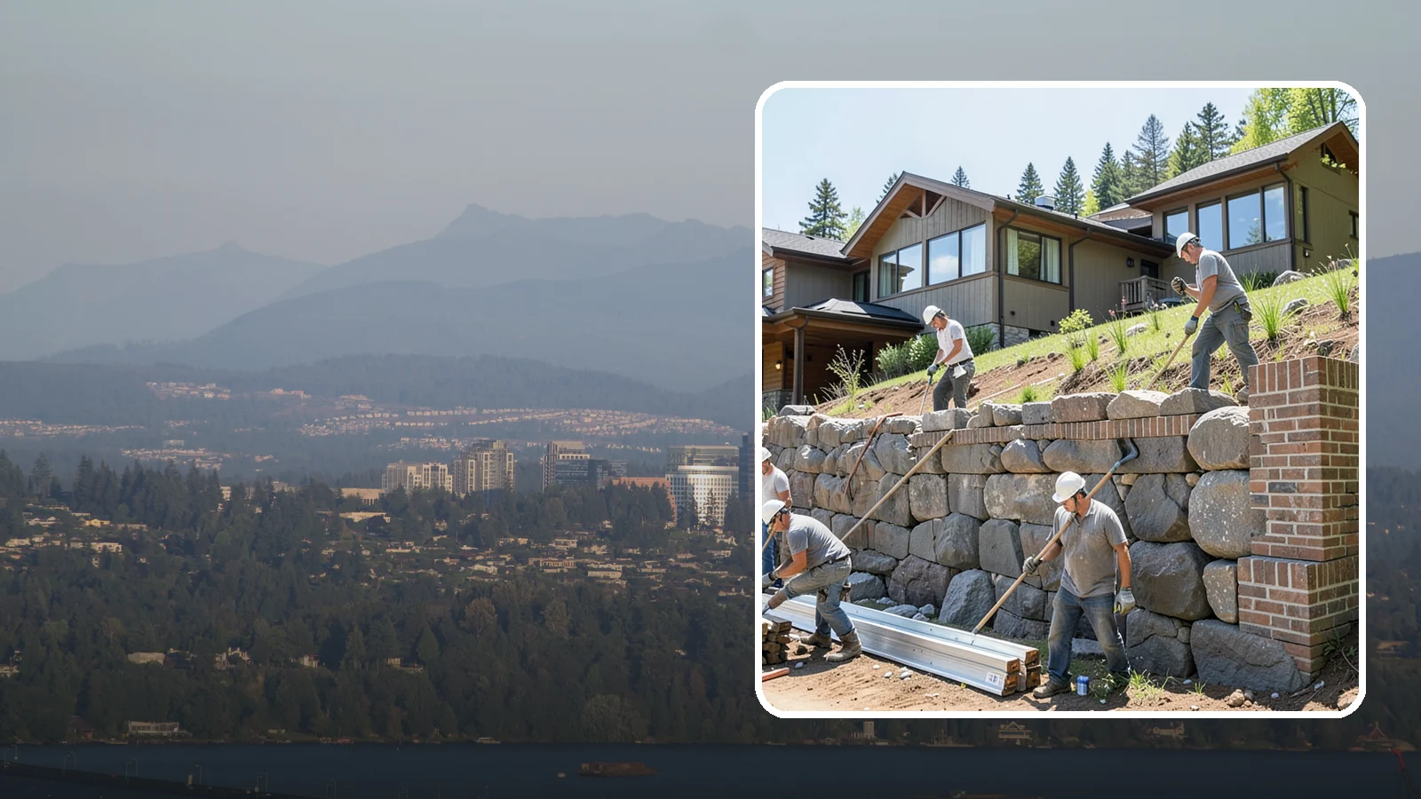 Boulder Retaining Wall in Medina, King County, WA - Placing large natural boulders to hold back slope with a rugged, organic look suited to Northwest landscapes.