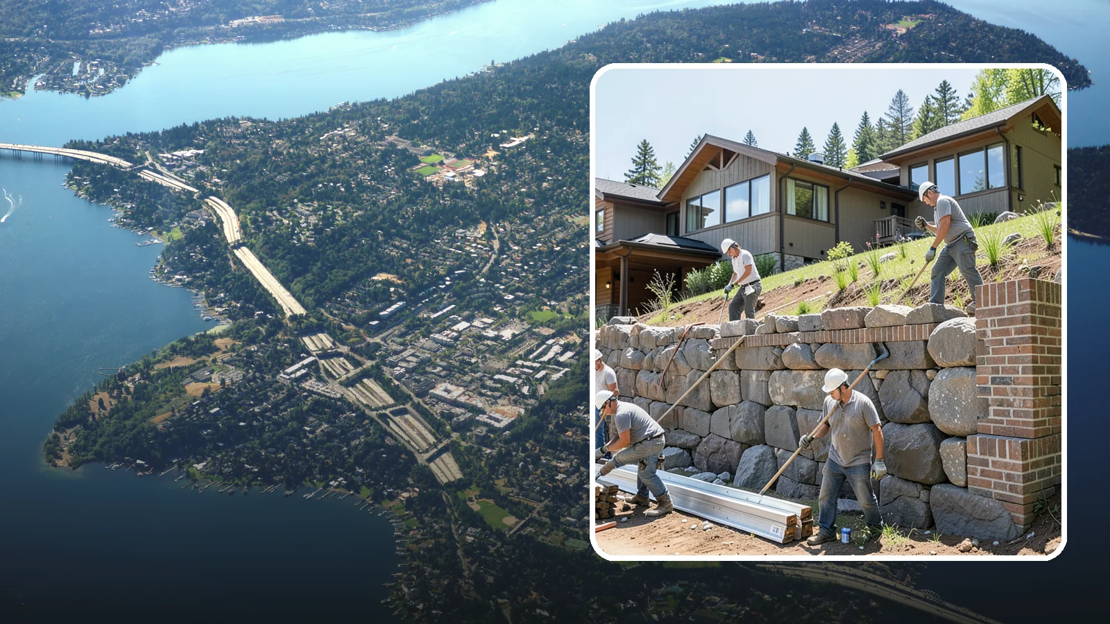 Boulder Retaining Wall in Mercer Island, King County, WA - Placing large natural boulders to hold back slope with a rugged, organic look suited to Northwest landscapes.
