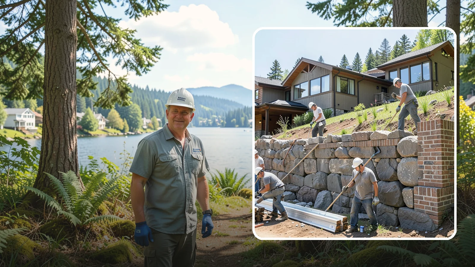 Boulder Retaining Wall in Milton, King County, WA - Placing large natural boulders to hold back slope with a rugged, organic look suited to Northwest landscapes.