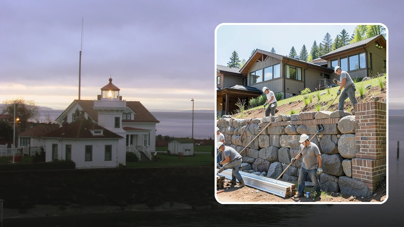 Boulder Retaining Wall in Mukilteo, Snohomish County, WA - Placing large natural boulders to hold back slope with a rugged, organic look suited to Northwest landscapes.