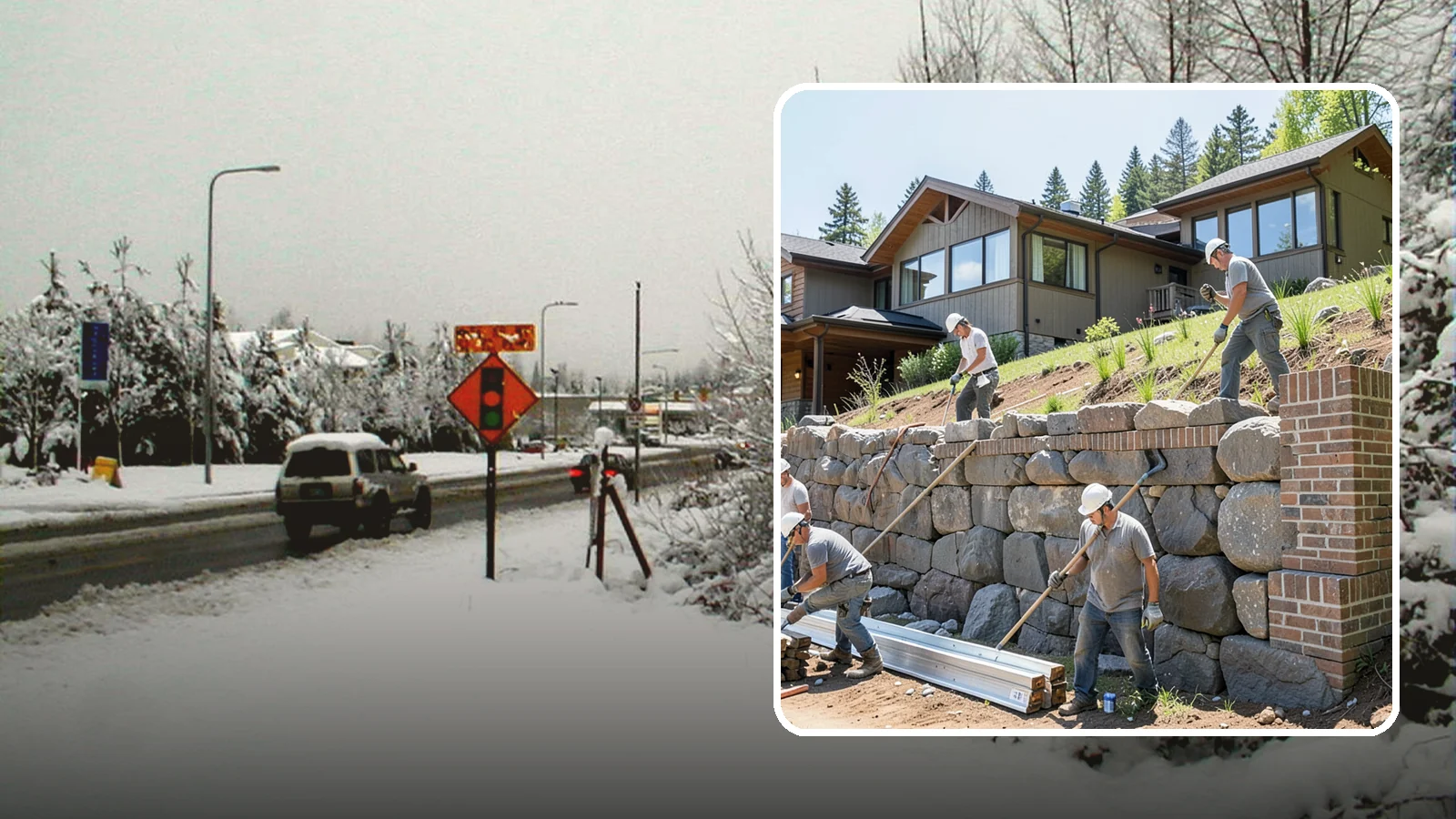 Boulder Retaining Wall in Newcastle, King County, WA - Placing large natural boulders to hold back slope with a rugged, organic look suited to Northwest landscapes.