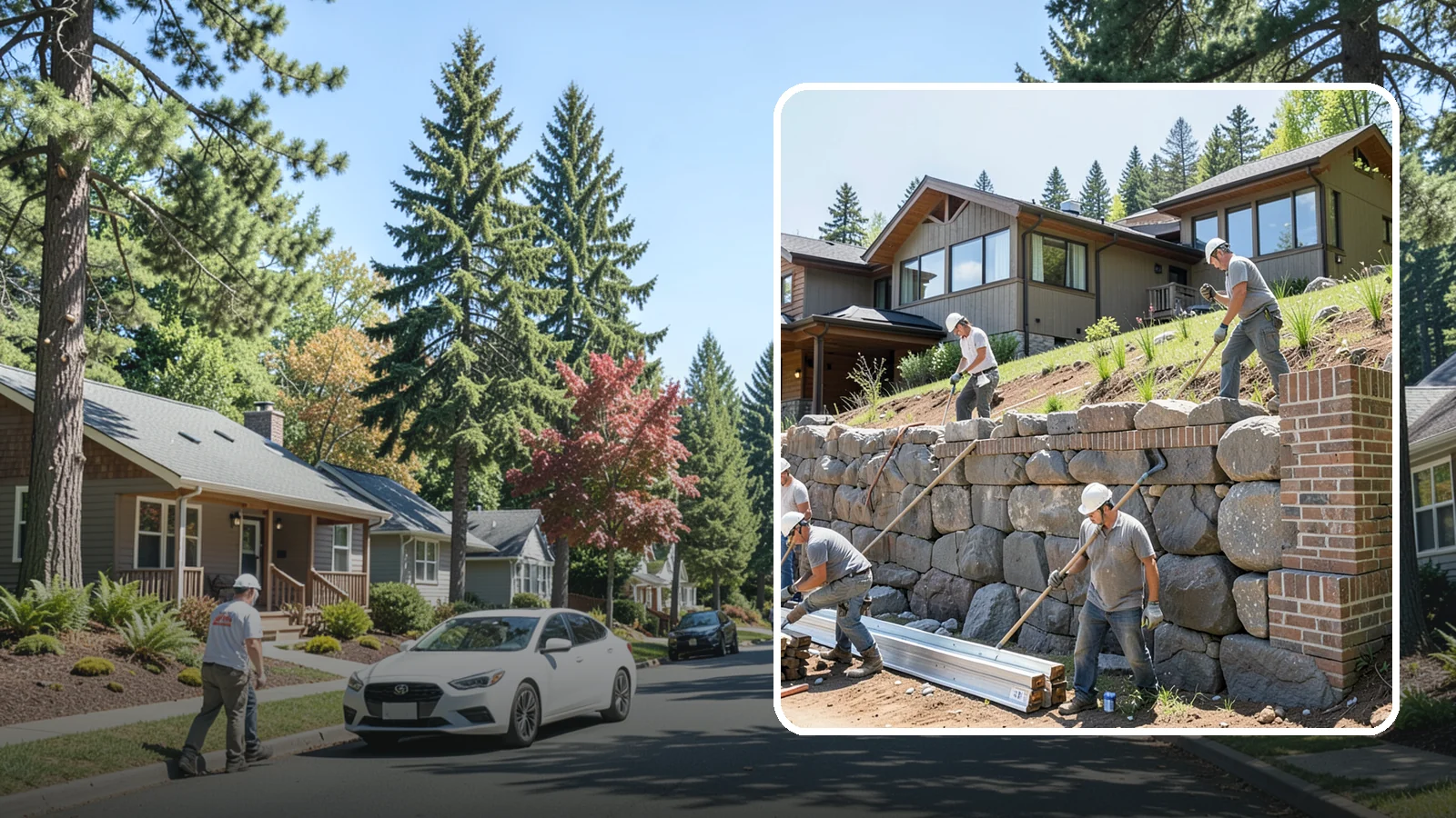 Boulder Retaining Wall in Orting, Pierce County, WA - Placing large natural boulders to hold back slope with a rugged, organic look suited to Northwest landscapes.