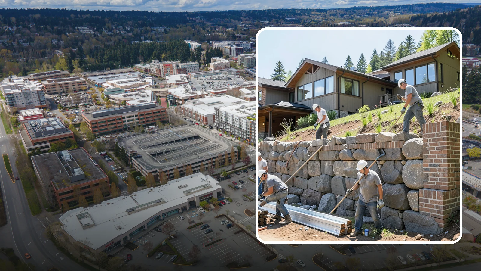 Boulder Retaining Wall in Redmond, King County, WA - Placing large natural boulders to hold back slope with a rugged, organic look suited to Northwest landscapes.