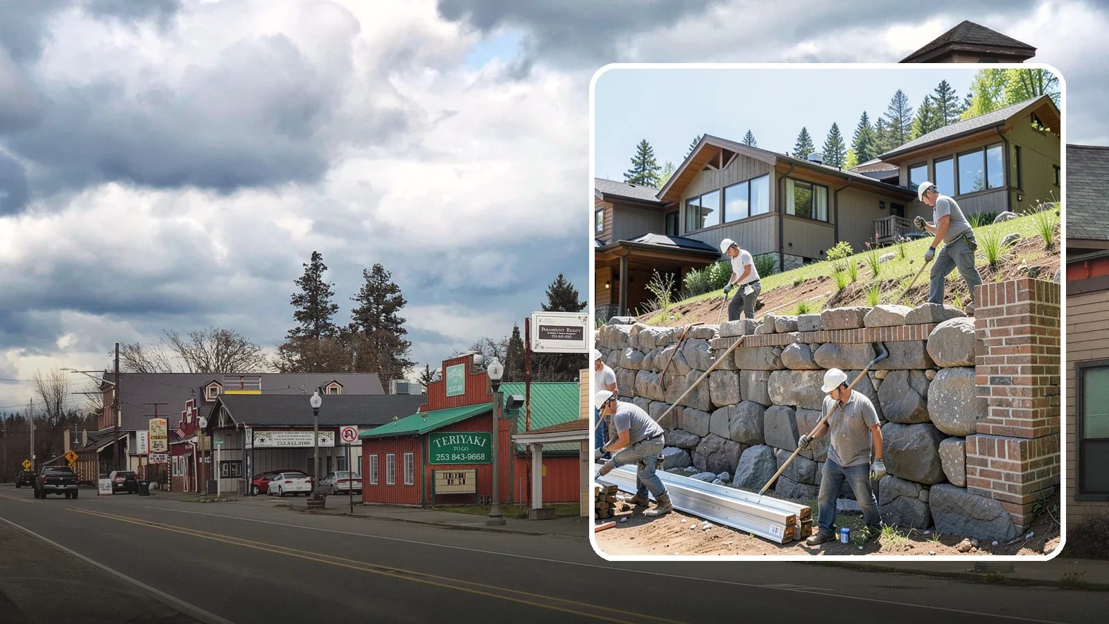 Boulder Retaining Wall in Roy, Pierce County, WA - Placing large natural boulders to hold back slope with a rugged, organic look suited to Northwest landscapes.